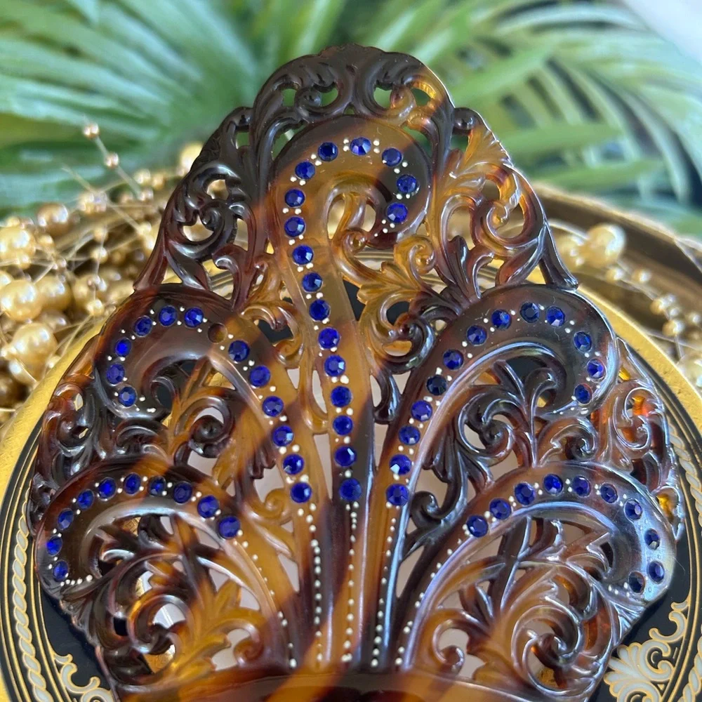 Vintage Victorian Blue Crystal Celluloid Tortoise Hair Comb